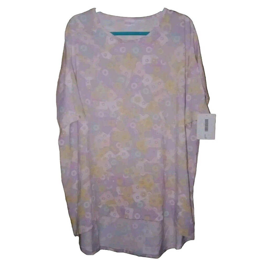 NWT LULAROE IRMA Womens L Circles Colorful Artsy Short Sleeve Hi-Lo Top Pink